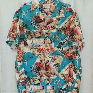 Lucky Beach Hula Wear Hawaiian Shirt Mens Large